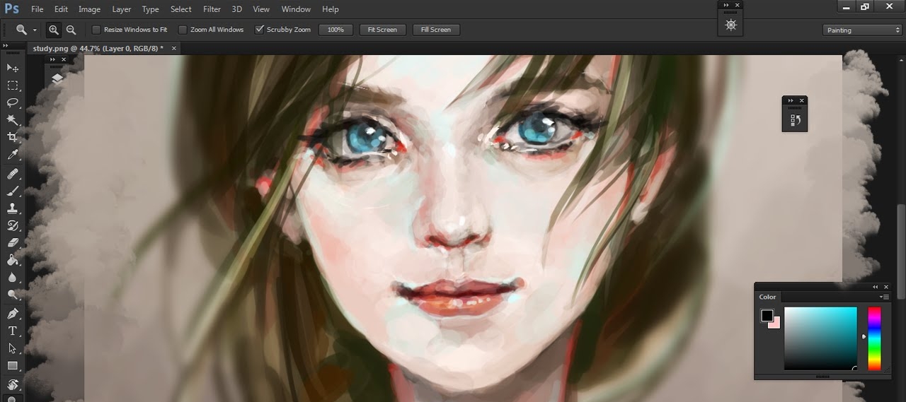 photoshop screenshot with painting of girls face